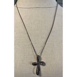 Beautiful Sterling Silver Marcasite Cross Pendant On 24” Sterling Box Chain